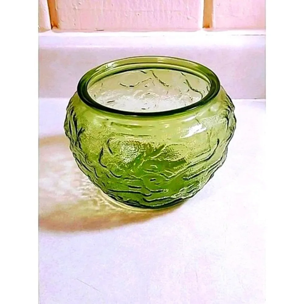 VINTAGE EO BRODY GREEN CRINKLE TEXTURED GLASS BOWL 5 x 5.5 G 108